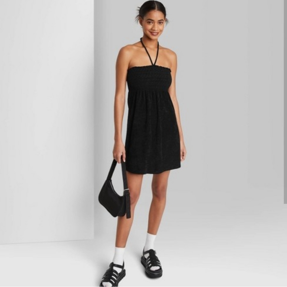 New Wild Fable Smocked Terry Cloth Mini Dress - Ebony Black